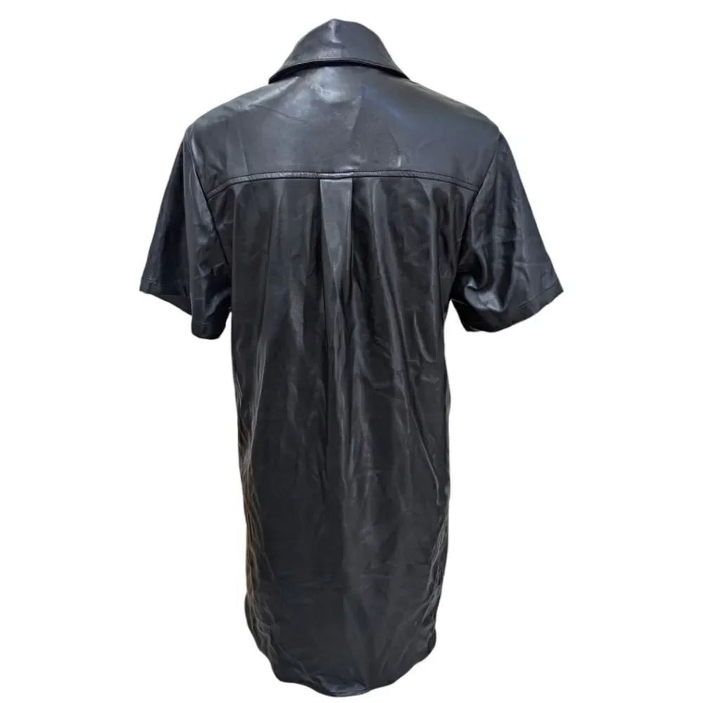 House of Harlow 1960 Faux Leather Button Short Sleeve Shirt Mini Dress in Black - Picture 2 of 7
